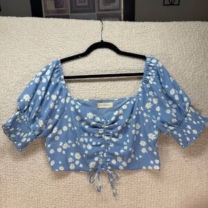 By Together Anthropologie Floral Crop Top Size L Smocked Puff Sleeve‎ Drawstring